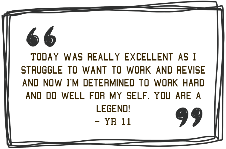'Today was really excellent as I struggle to want to work and revise and now I'm determined to work hard and do well for my self. You are a legend! - Year 11'. - Jim Roberson motivational youth speaker motivating a student and coaching education in young people. Empowering and supporting them to be the best they can be in school, education and exam preparation.